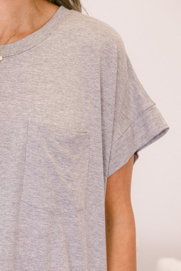 Chic Soul plus size clothing, gray casual short set with a solid gray short sleeve top that has cuffs at the end of each sleeve 