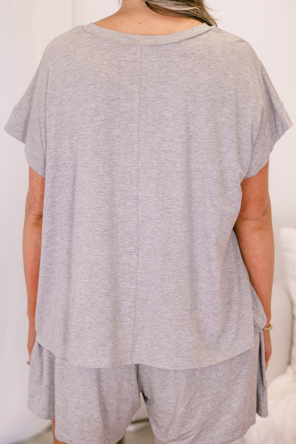 Chic Soul plus size clothing, gray casual short set with a solid gray short sleeve top that has cuffs at the end of each sleeve 