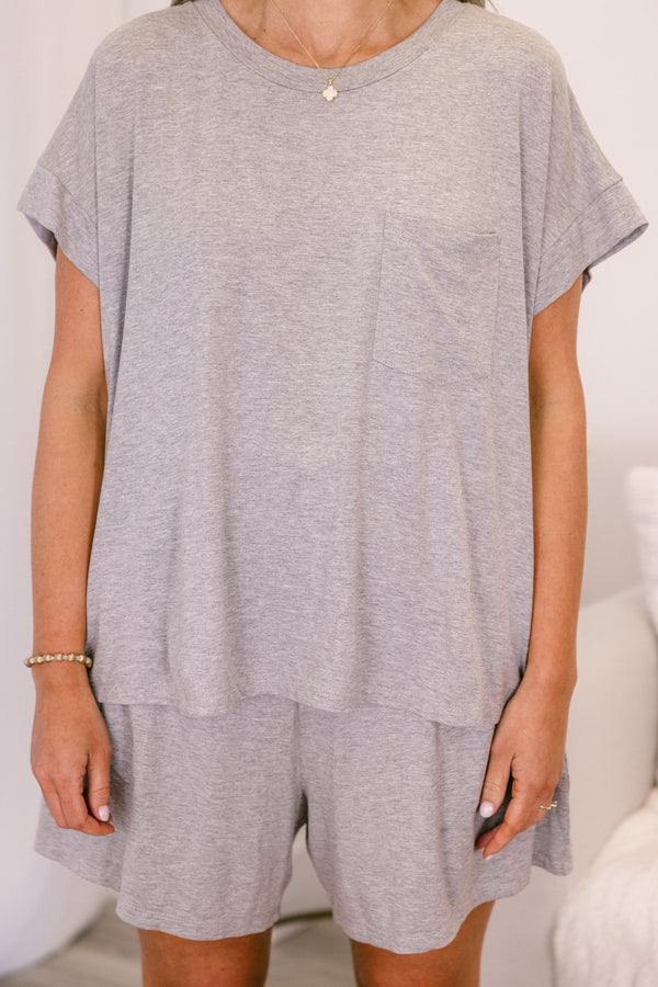 Chic Soul plus size clothing, gray casual short set with a solid gray short sleeve top that has cuffs at the end of each sleeve 
