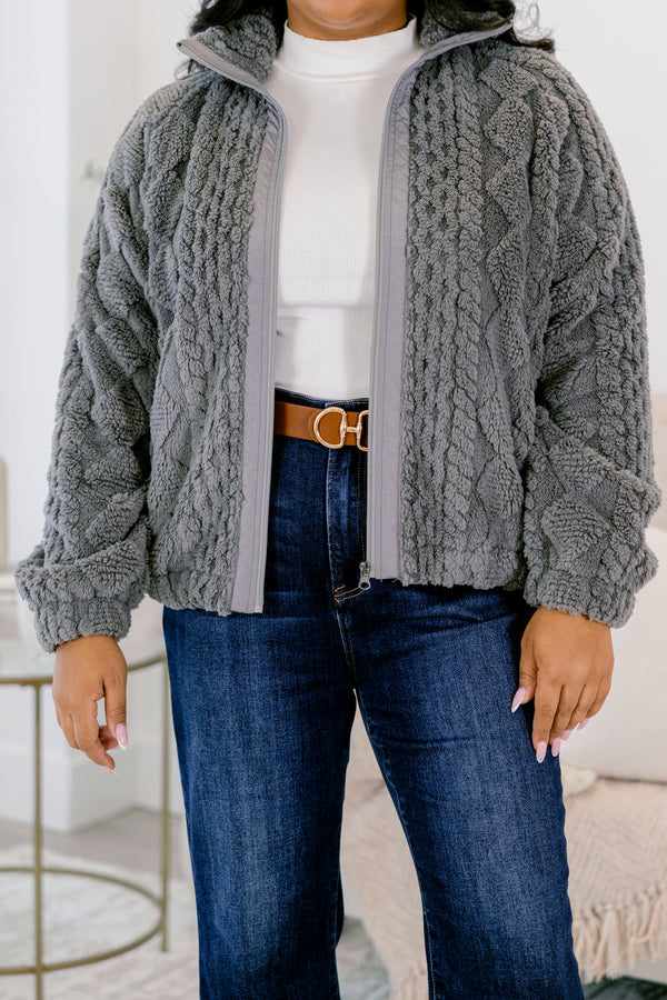Chic Soul plus size clothing, gray cable knit zip up long sleeve jacket with collar and cinched at the wrist sleeves 
