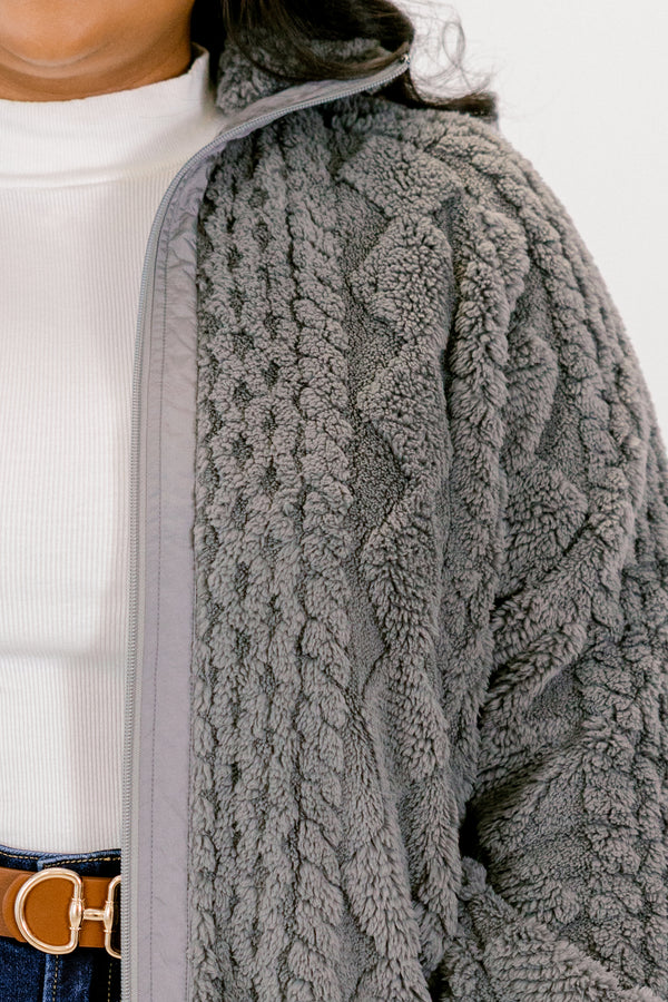 Chic Soul plus size clothing, gray cable knit zip up long sleeve jacket with collar and cinched at the wrist sleeves 