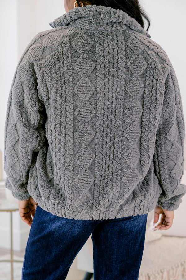 Chic Soul plus size clothing, gray cable knit zip up long sleeve jacket with collar and cinched at the wrist sleeves 