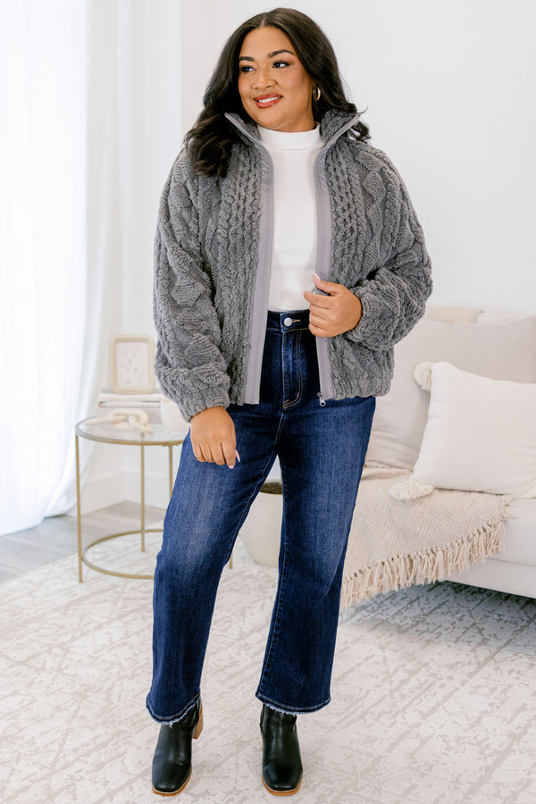 Chic Soul plus size clothing, gray cable knit zip up long sleeve jacket with collar and cinched at the wrist sleeves 