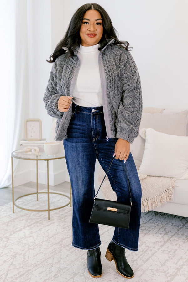Chic Soul plus size clothing, gray cable knit zip up long sleeve jacket with collar and cinched at the wrist sleeves 