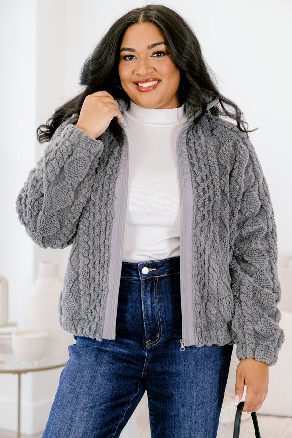 Chic Soul plus size clothing, gray cable knit zip up long sleeve jacket with collar and cinched at the wrist sleeves 