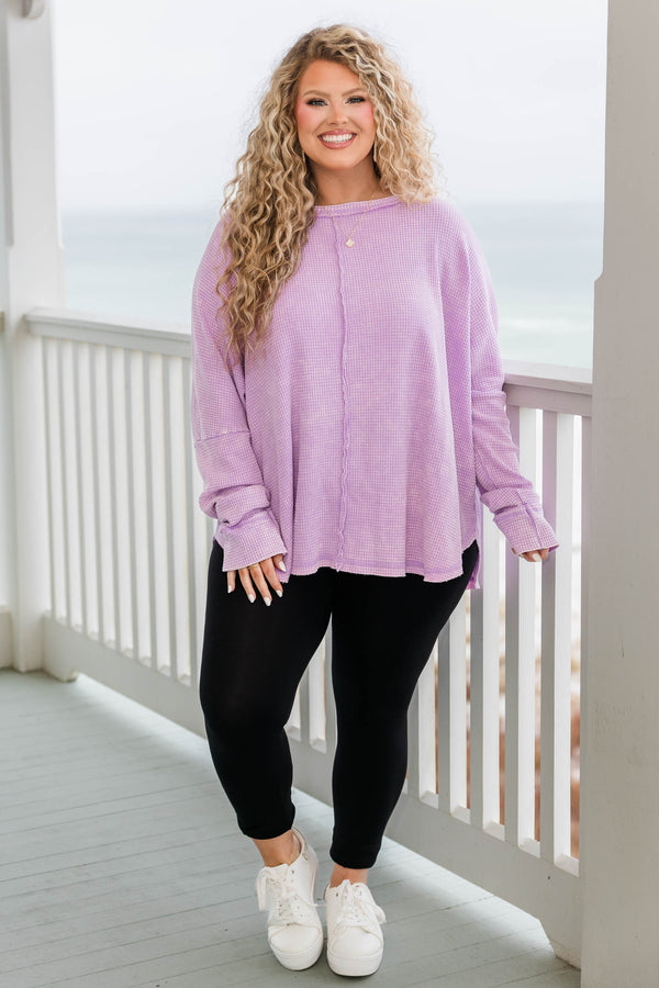 Chic Soul plus size clothing, bright lavender waffle knit long sleeve pullover with distressed hem