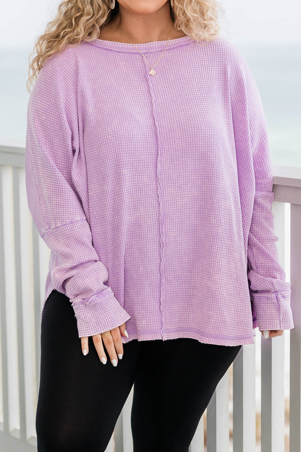 Chic Soul plus size clothing, bright lavender waffle knit long sleeve pullover with distressed hem