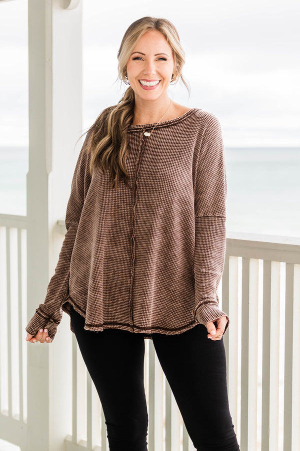 Chic Soul plus size clothing, brown cozy waffle knit long sleeve pullover with distressed hem and stitching