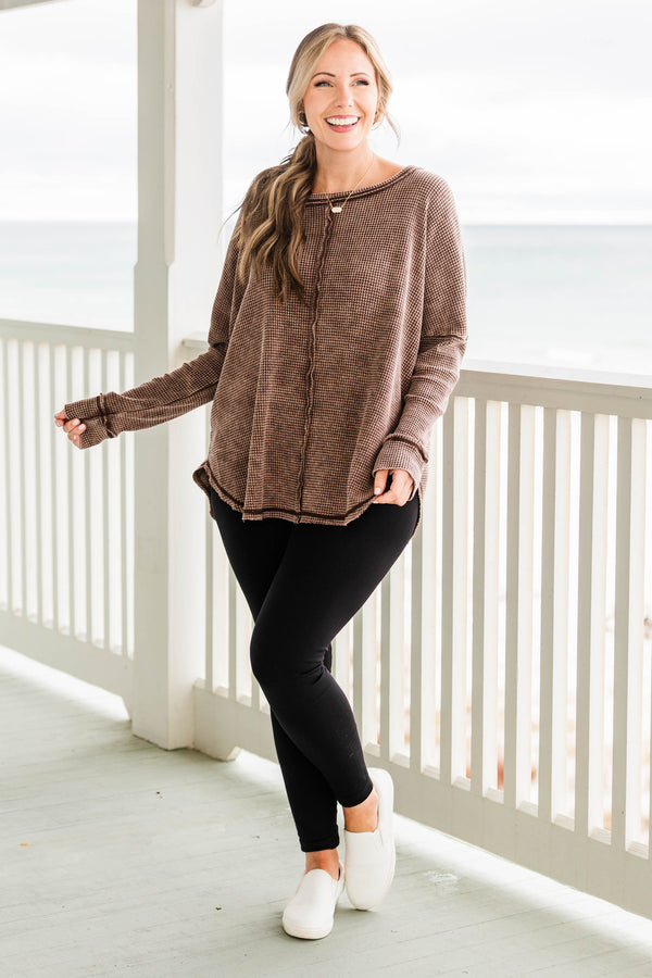 Chic Soul plus size clothing, brown cozy waffle knit long sleeve pullover with distressed hem and stitching