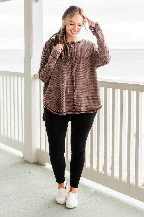 Chic Soul plus size clothing, brown cozy waffle knit long sleeve pullover with distressed hem and stitching