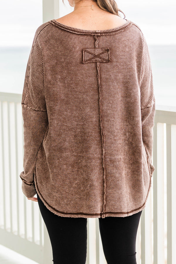 Chic Soul plus size clothing, brown cozy waffle knit long sleeve pullover with distressed hem and stitching
