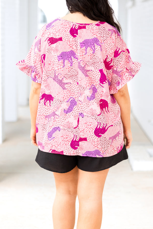 Chic Soul plus size clothing, pink multicolor leopard pattern top with ruffle sleeves