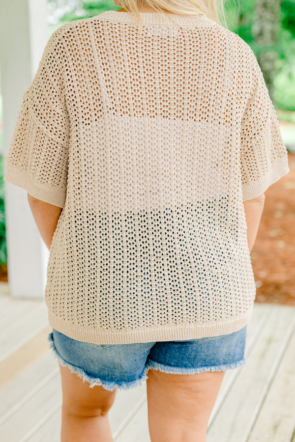 Chic Soul plus size clothing, taupe loose knit short sleeve crewneck top