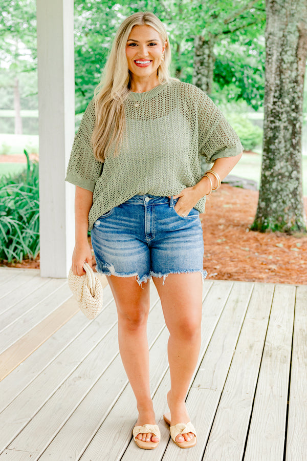 Chic Soul plus size clothing, sage short sleeve knit top with ribbed trim on sleeves and neckline