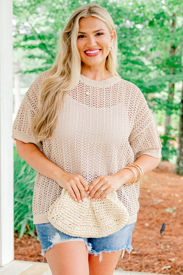 Chic Soul plus size clothing, taupe loose knit short sleeve crewneck top