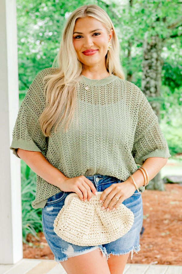 Chic Soul plus size clothing, sage short sleeve knit top with ribbed trim on sleeves and neckline
