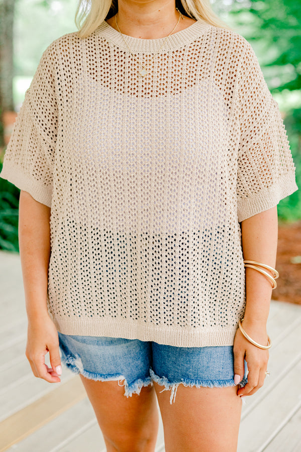 Chic Soul plus size clothing, taupe loose knit short sleeve crewneck top