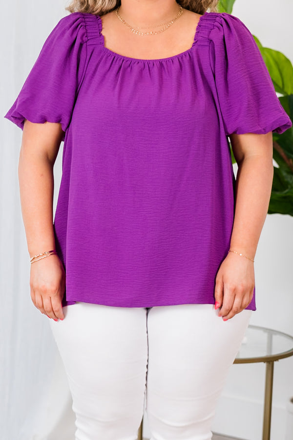 Chic Soul plus size clothing, magenta-purple short sleeve top with square neck and puff sleeves