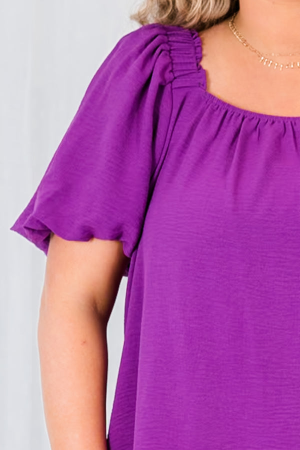 Chic Soul plus size clothing, magenta-purple short sleeve top with square neck and puff sleeves