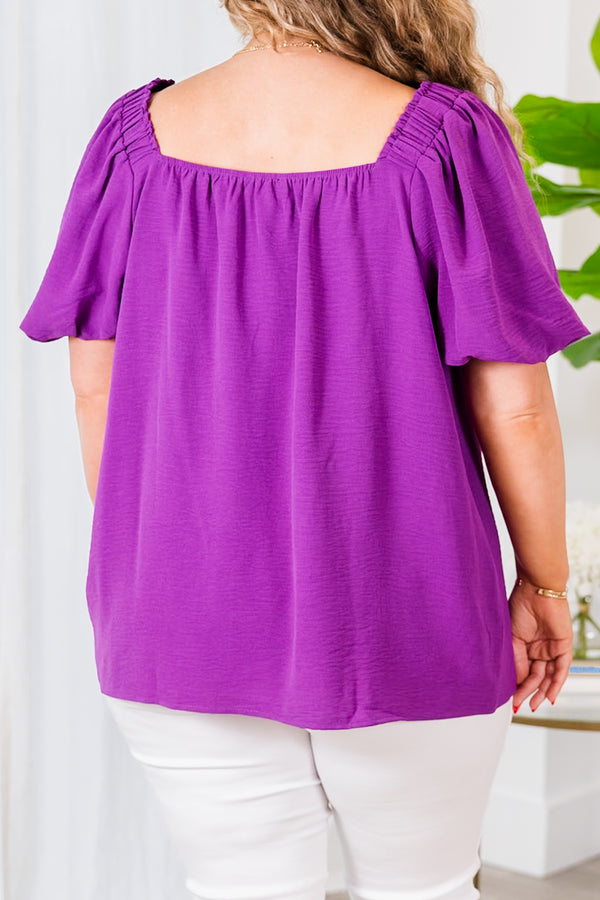 Chic Soul plus size clothing, magenta-purple short sleeve top with square neck and puff sleeves