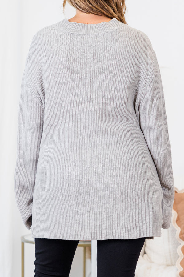 Chic Soul plus size clothing, extra-long-sleeve heather grey knit sweater with small turtle  neckline 