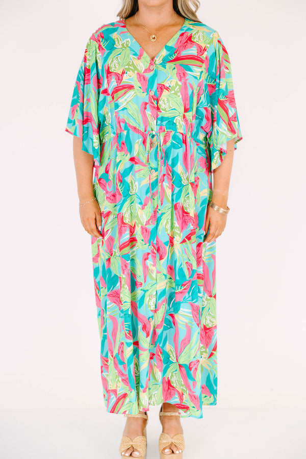 Chic Soul plus size clothing, green tropical print midi dress with elbow length flowy sleeves with v neckline and cinched waist