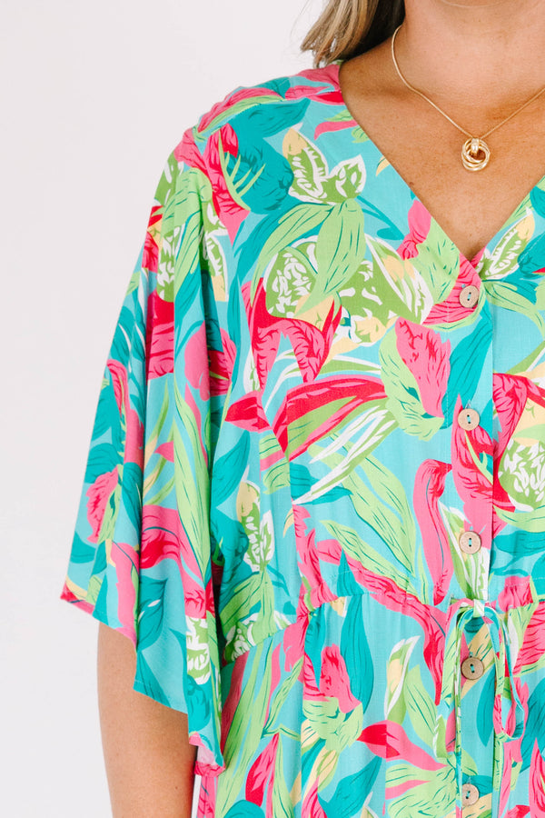 Chic Soul plus size clothing, green tropical print midi dress with elbow length flowy sleeves with v neckline and cinched waist