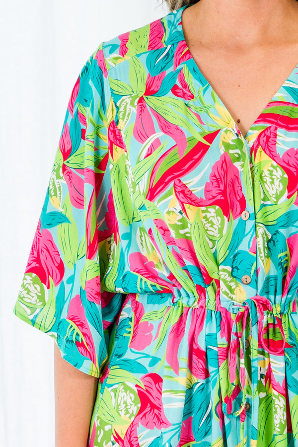Chic Soul plus size clothing, green tropical print midi dress with elbow length flowy sleeves with v neckline and synched waist