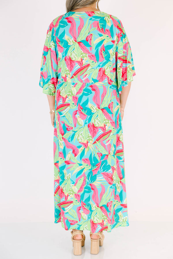 Chic Soul plus size clothing, green tropical print midi dress with elbow length flowy sleeves with v neckline and cinched waist