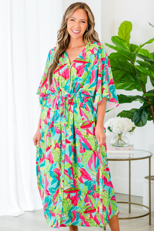 Chic Soul plus size clothing, green tropical print midi dress with elbow length flowy sleeves with v neckline and synched waist