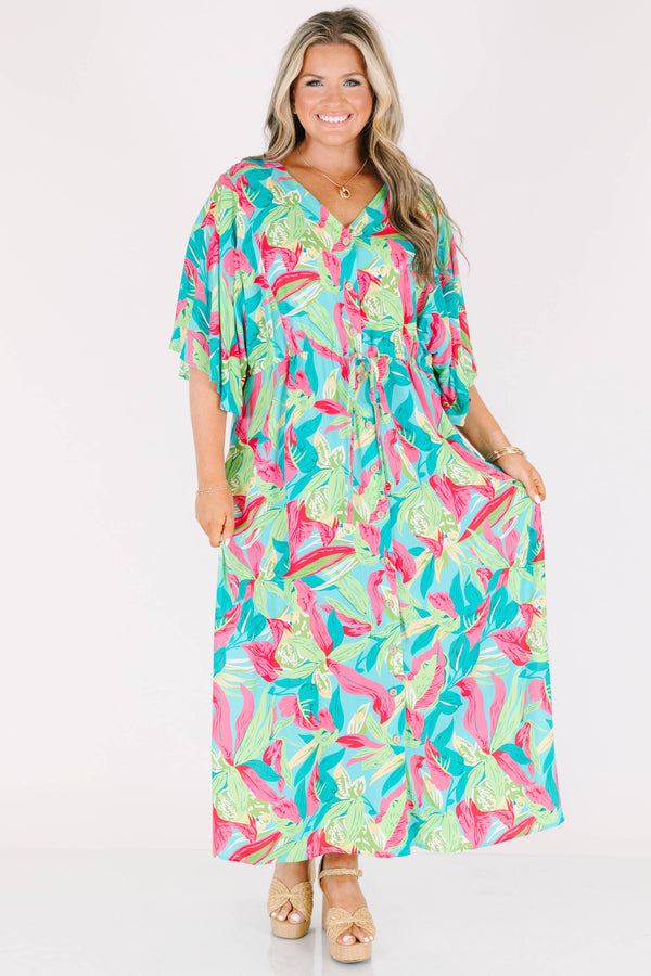 Chic Soul plus size clothing, green tropical print midi dress with elbow length flowy sleeves with v neckline and cinched waist