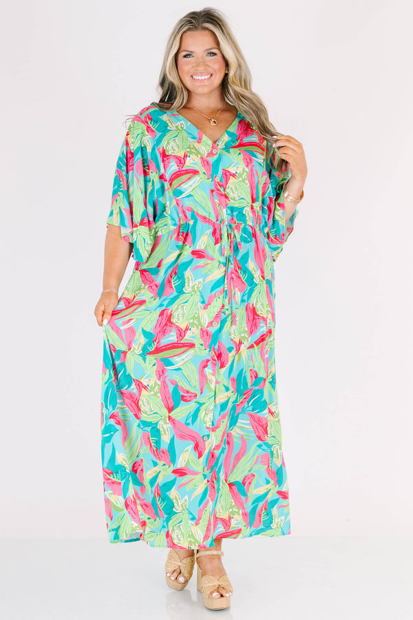 Chic Soul plus size clothing, green tropical print midi dress with elbow length flowy sleeves with v neckline and cinched waist