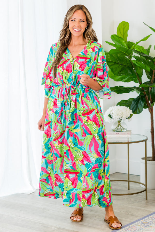 Chic Soul plus size clothing, green tropical print midi dress with elbow length flowy sleeves with v neckline and synched waist