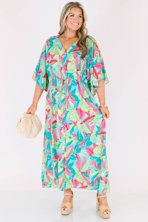 Chic Soul plus size clothing, green tropical print midi dress with elbow length flowy sleeves with v neckline and cinched waist