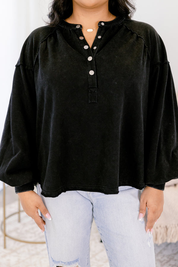 Chic Soul plus size clothing, black long sleeve pullover with puff sleeves and buttons along the v-neckline