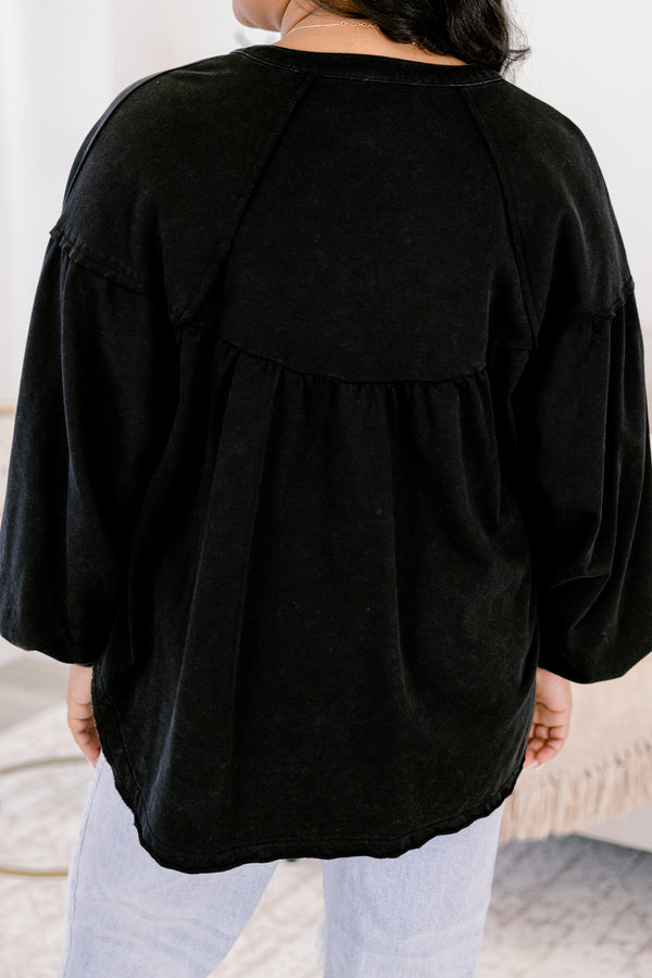 Chic Soul plus size clothing, black long sleeve pullover with puff sleeves and buttons along the v-neckline