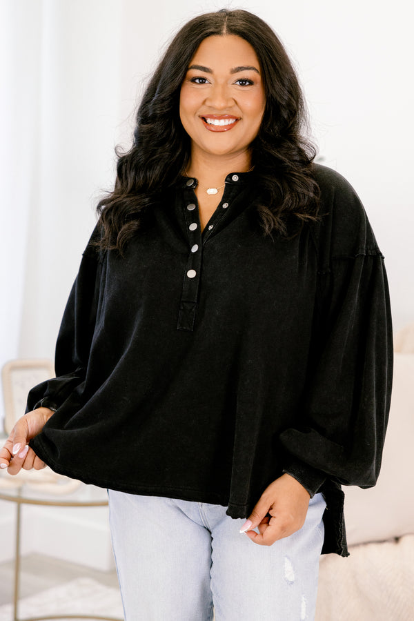 Chic Soul plus size clothing, black long sleeve pullover with puff sleeves and buttons along the v-neckline