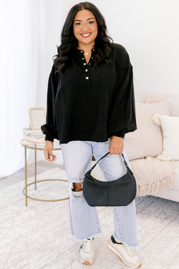 Chic Soul plus size clothing, black long sleeve pullover with puff sleeves and buttons along the v-neckline