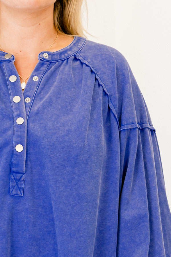 Chic Soul plus size clothing, blue pullover top with long bubble sleeves and buttons that go down to the chest 
