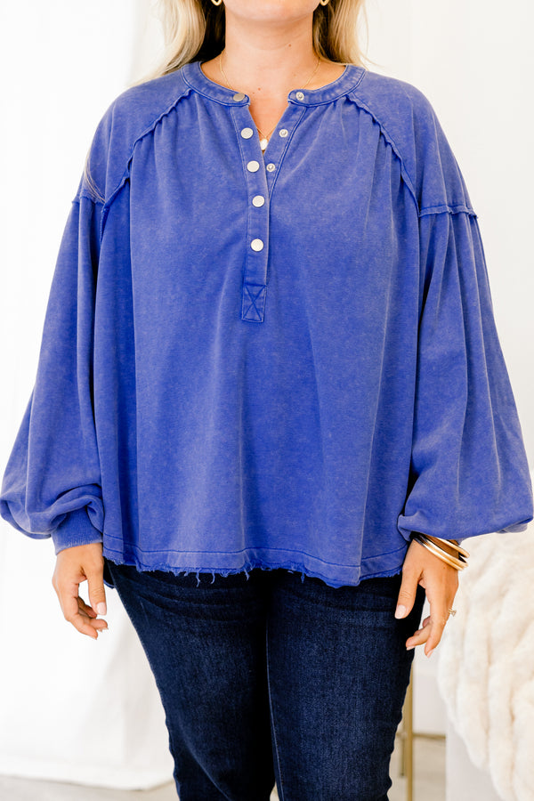 Chic Soul plus size clothing, blue pullover top with long bubble sleeves and buttons that go down to the chest 