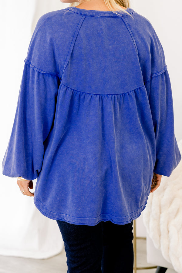 Chic Soul plus size clothing, blue pullover top with long bubble sleeves and buttons that go down to the chest 