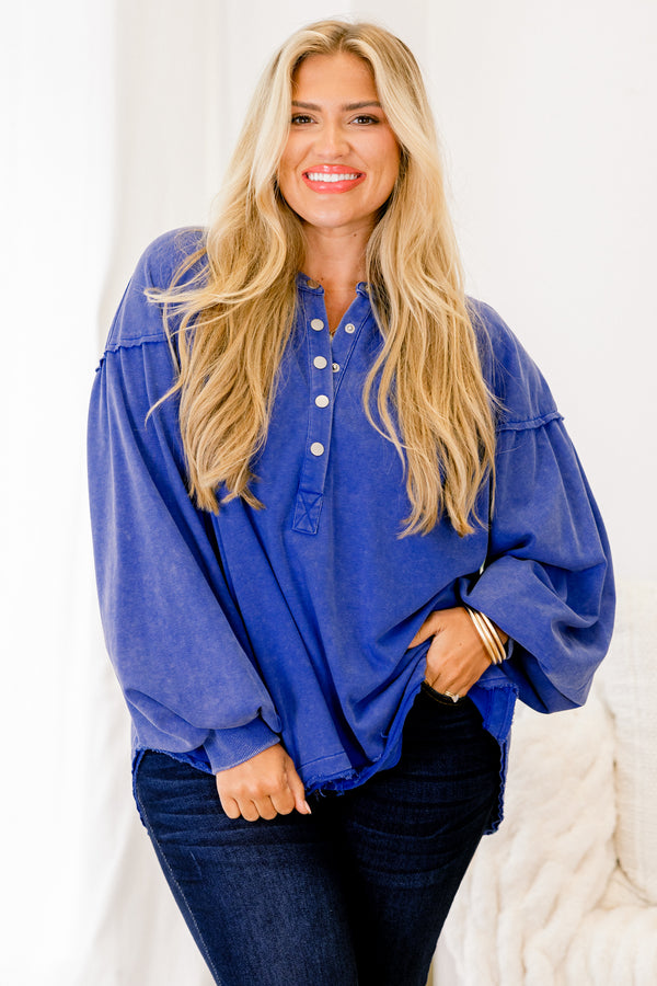 Chic Soul plus size clothing, blue pullover top with long bubble sleeves and buttons that go down to the chest 
