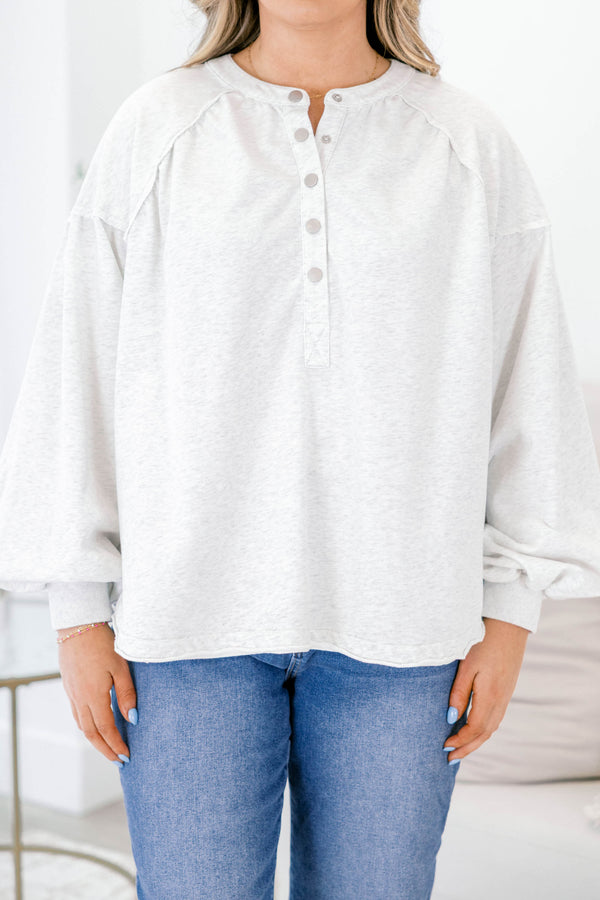 Chic Soul plus size clothing, light heather gray long balloon sleeve button collar pullover