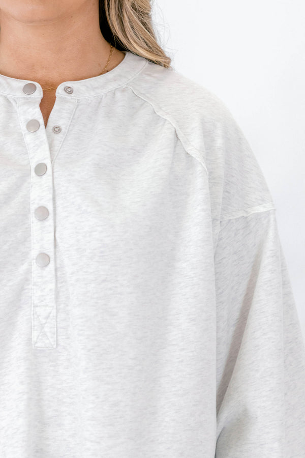 Chic Soul plus size clothing, light heather gray long balloon sleeve button collar pullover