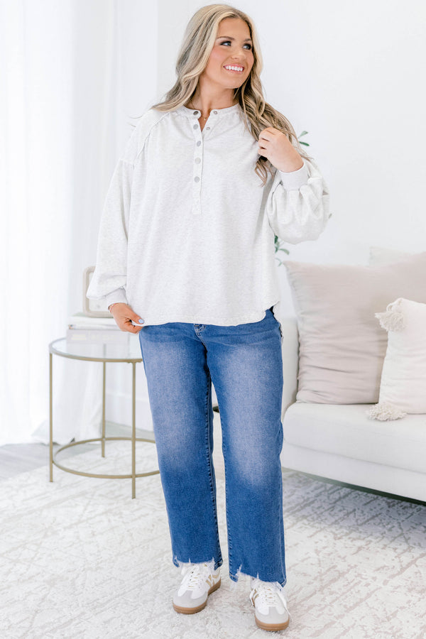 Chic Soul plus size clothing, light heather gray long balloon sleeve button collar pullover