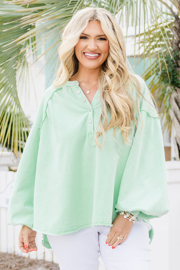 Chic Soul plus size clothing, mint long sleeve pullover with button up detail on neckline with cuffed puff sleeves with raw hem along bottom
