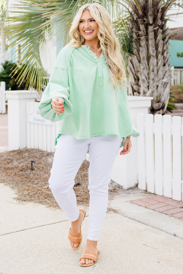 Chic Soul plus size clothing, mint long sleeve pullover with button up detail on neckline with cuffed puff sleeves with raw hem along bottom
