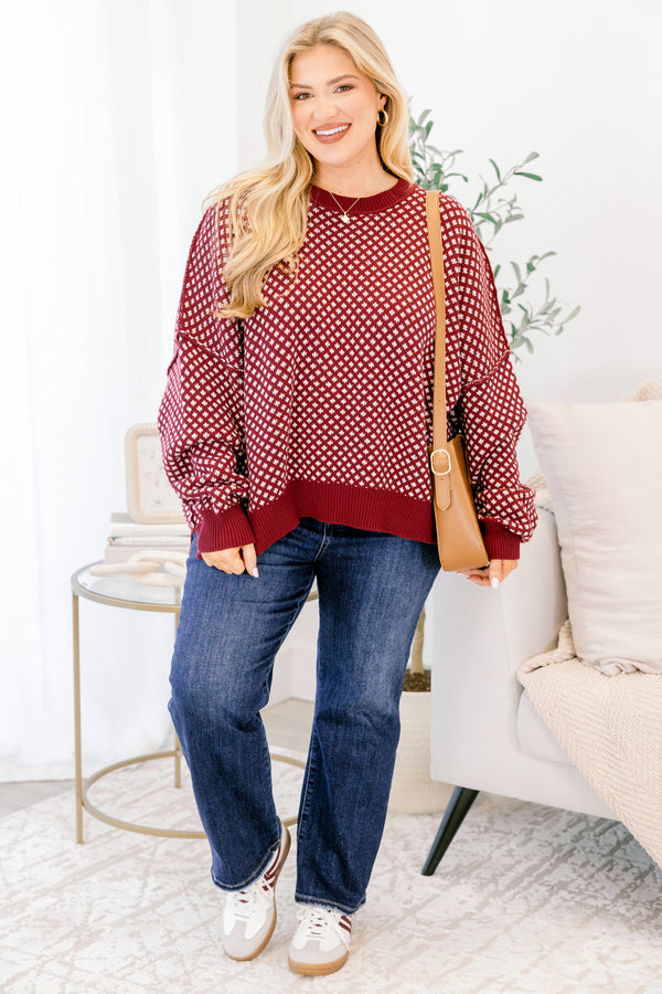 Chic Soul plus size clothing, burgundy red and cream abstract pattern long sleeve sweater