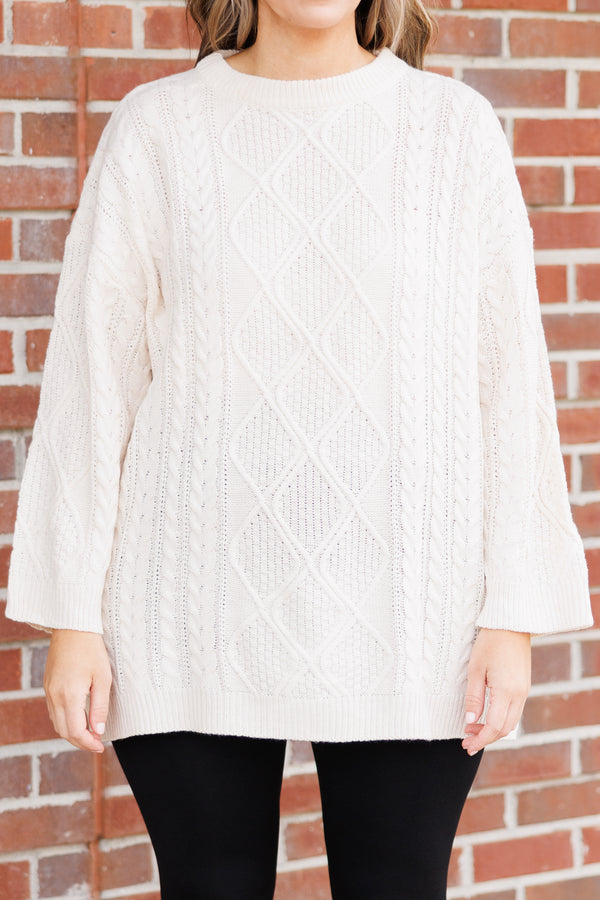 Chic Soul plus size clothing, cream colored tunic length sweater with textured detailing