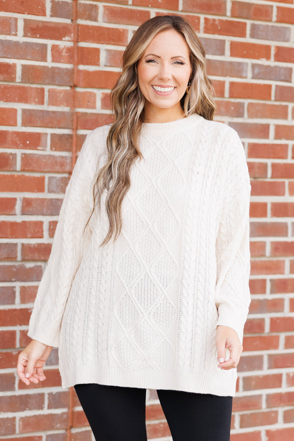 Chic Soul plus size clothing, cream colored tunic length sweater with textured detailing